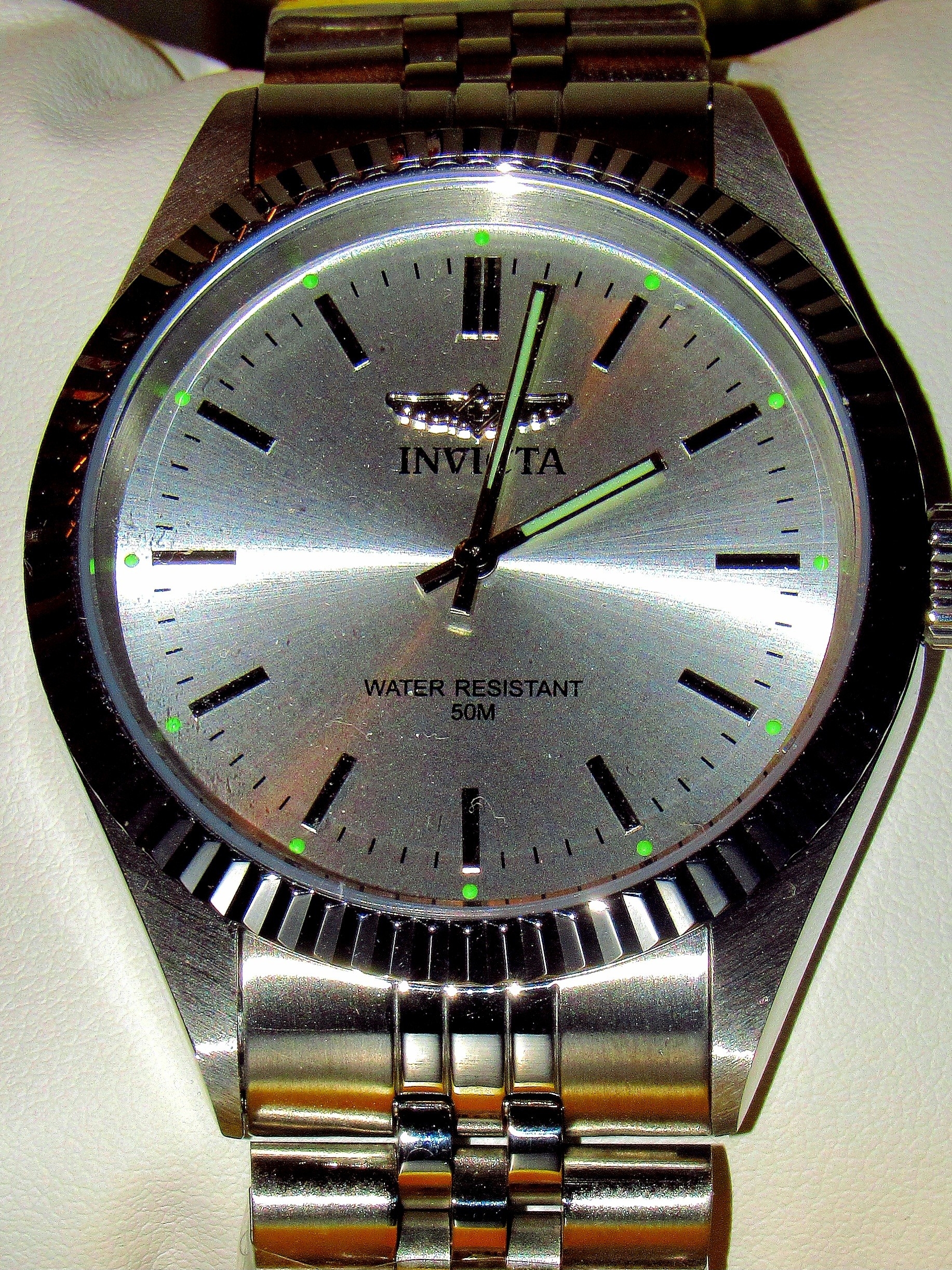 Invicta Silver Dial Stainless Steel Watch With Green Markers